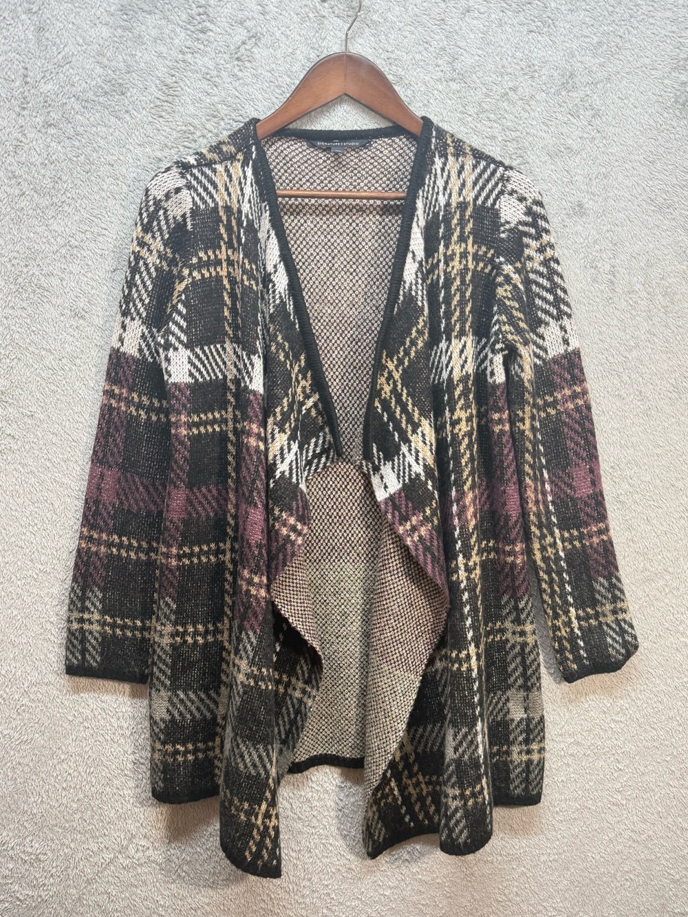 Plaid Open-Front Cardigan Sweater - Black, Cream & Brown
